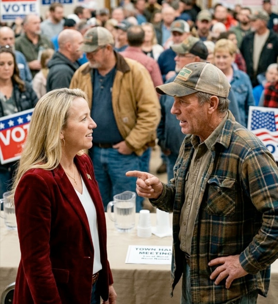 Amber Buckles speaking with a voter at a town hall meeting